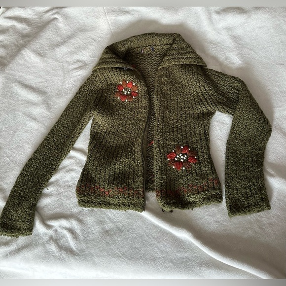 Olive Green Floral Double Zip Knit Cardigan S/M - Picture 4 of 6